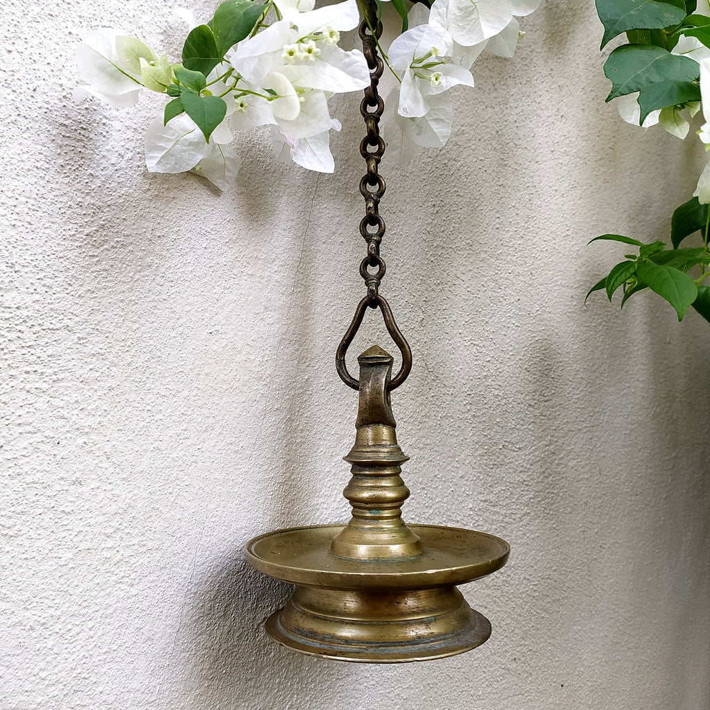 Traditional Brass Oil Lamp - "Thooku Vilakku" From South India. Length 86 cm x Diameter 14 cm