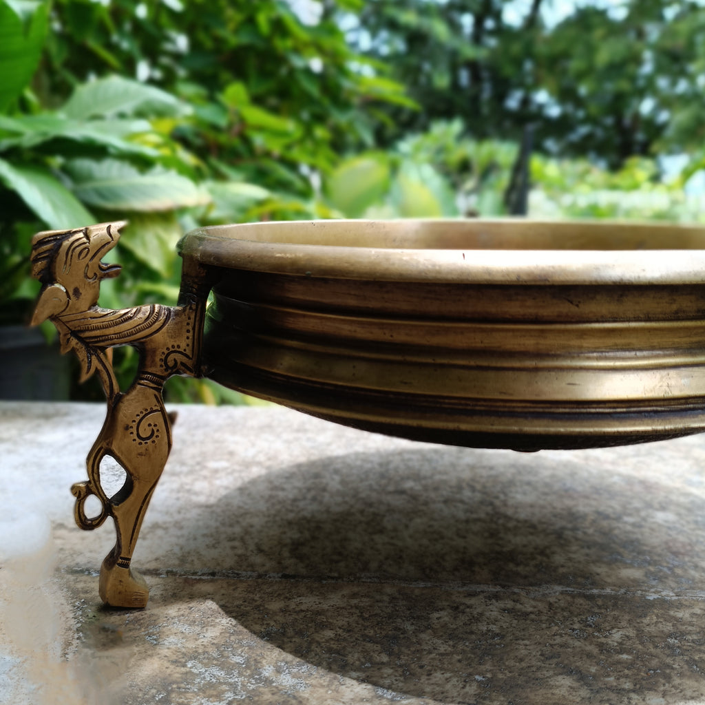 Traditional Brass Urli Handcrafted With 3 Mythical Yali Legs. Diameter 28 cm x Height 15 cm