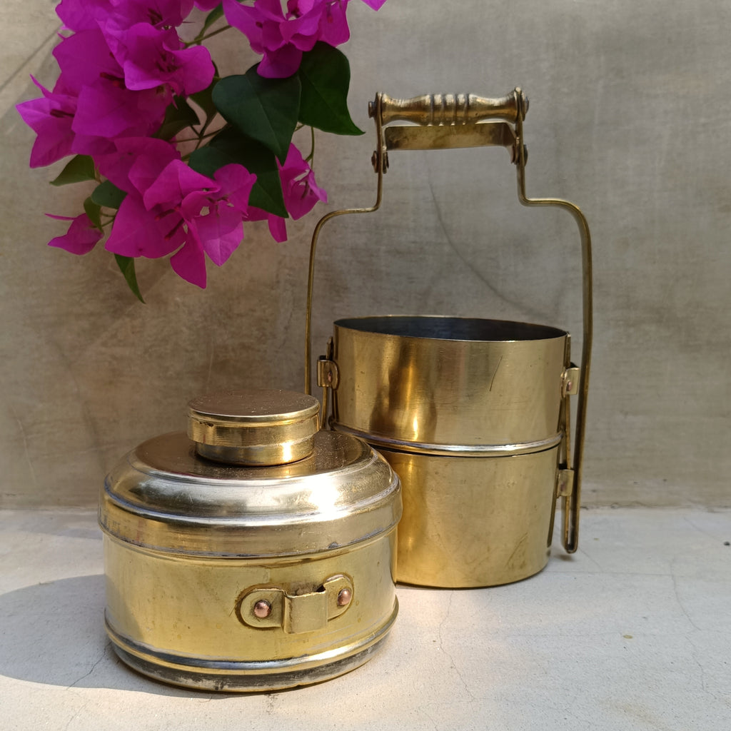 Vintage Brass Tiffin With 3 Containers. Height 26 cm x Diameter 11 cm