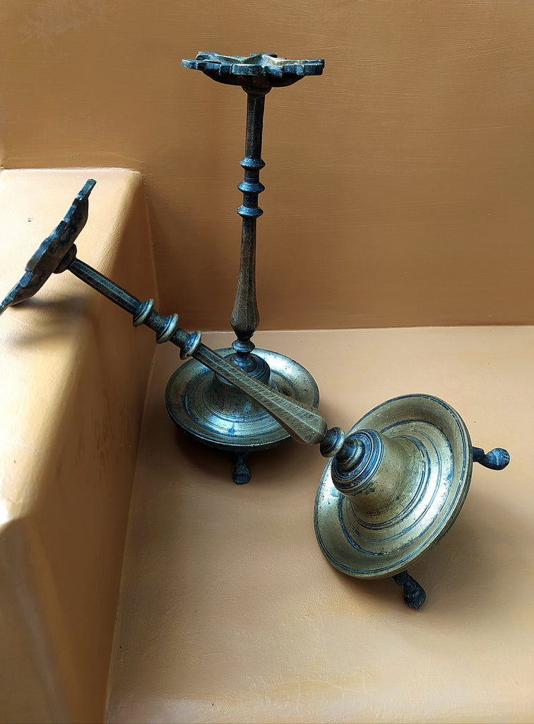 Vintage Pair Of Handcrafted Brass Vilakku Lamps, Height 32.5 & 33.5 cm x Diameter 10 cm