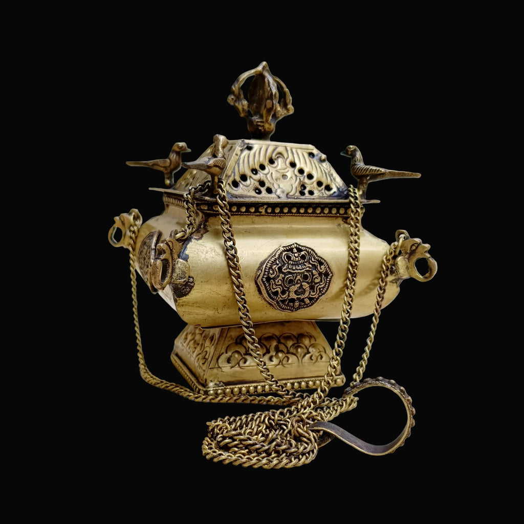 Tibetan Style Copper Incense Burner With Peacocks and Chains - L 42 cm x W 15 cm