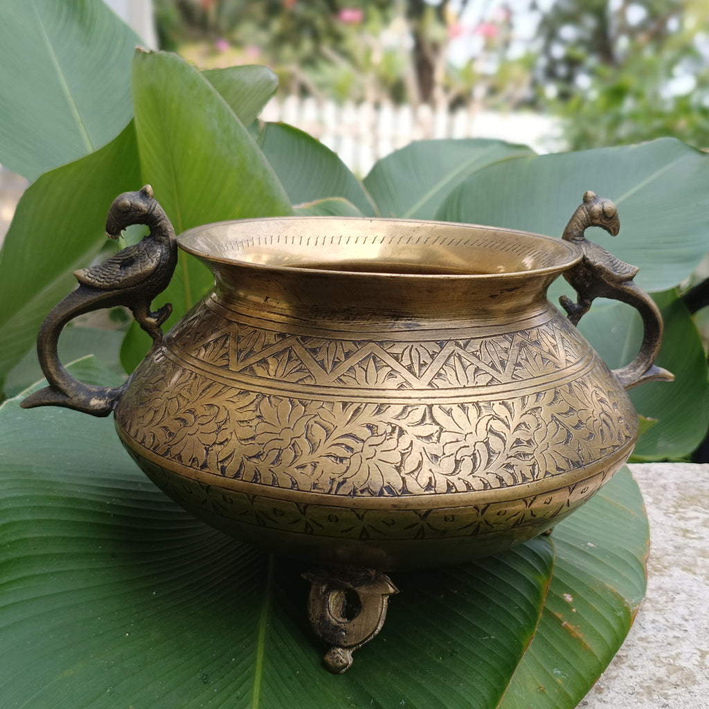 Vintage Brass Planter With Peacock Handles Hand Engraved With Floral Motifs. Height 19 cm x Diameter 18 cm