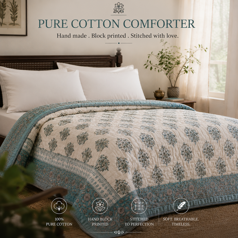 Exquisite Reversible Cotton Comforter, Bedspread, Quilt Block Printed With Pastel Blue & White Floral Prints - L 260 cm x W 215 cm