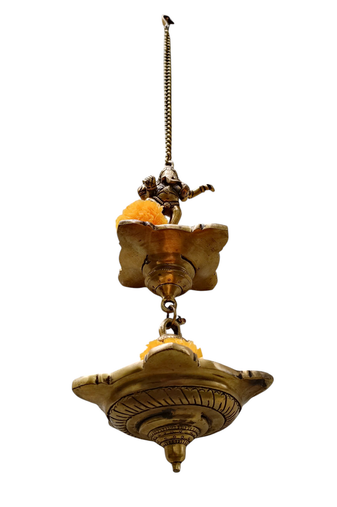 Vintage Brass 2 Tier Ganesh Lamp With 9 Diyas- Length 77 cm
