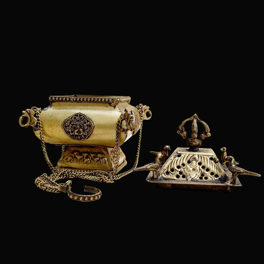 Tibetan Style Copper Incense Burner With Peacocks and Chains - L 42 cm x W 15 cm