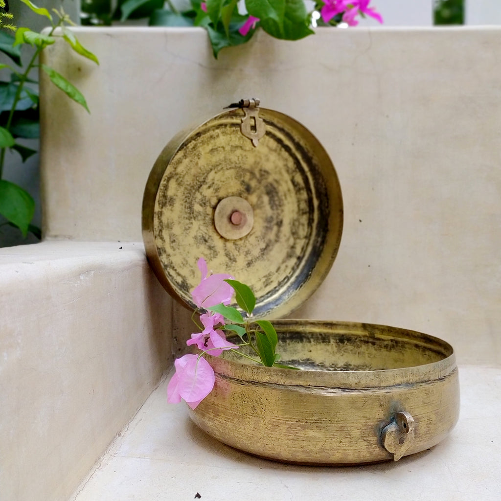 Traditional Brass Chappati Dabba | Bread Box From Northern India - Diameter 21 cm x Ht 10 cms
