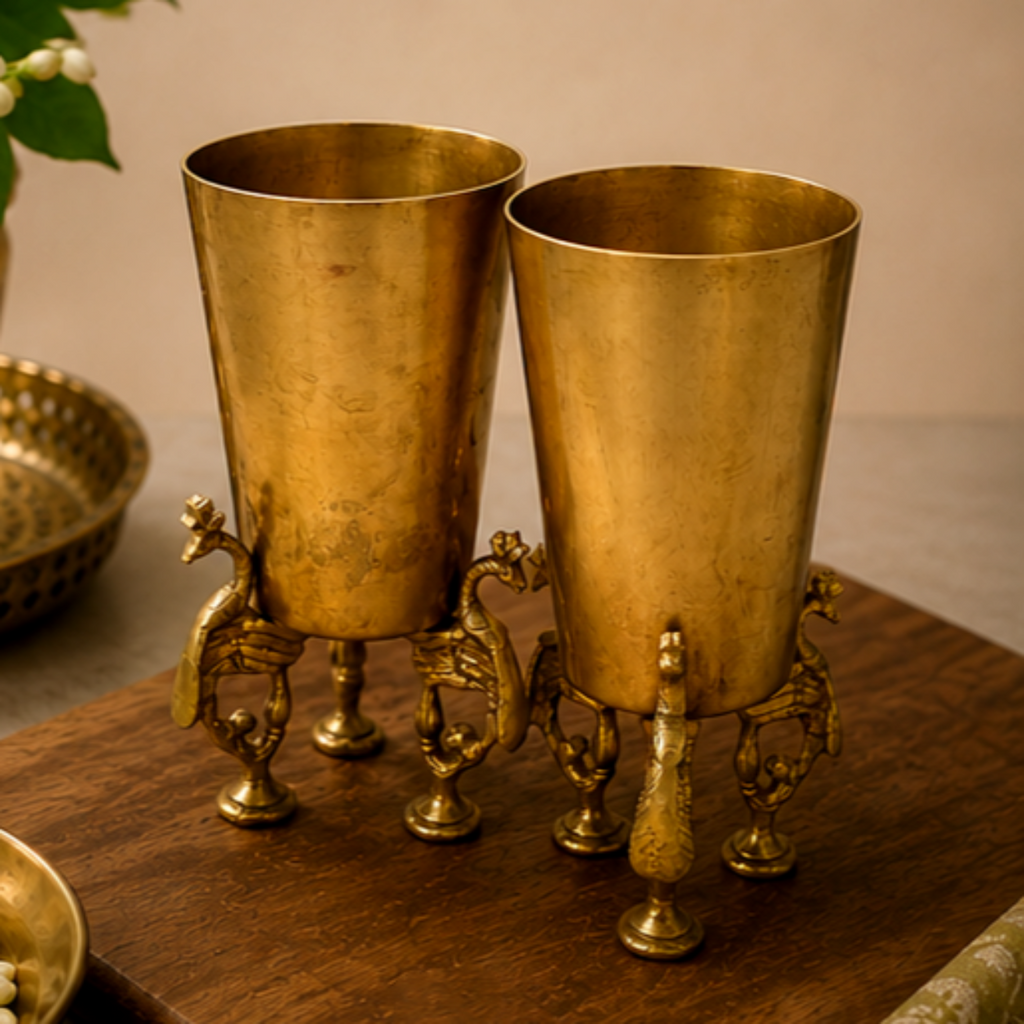 Vintage Pair of Brass Tumblers With Peacocks – A Regal Blend of Heritage & Craftsmanship