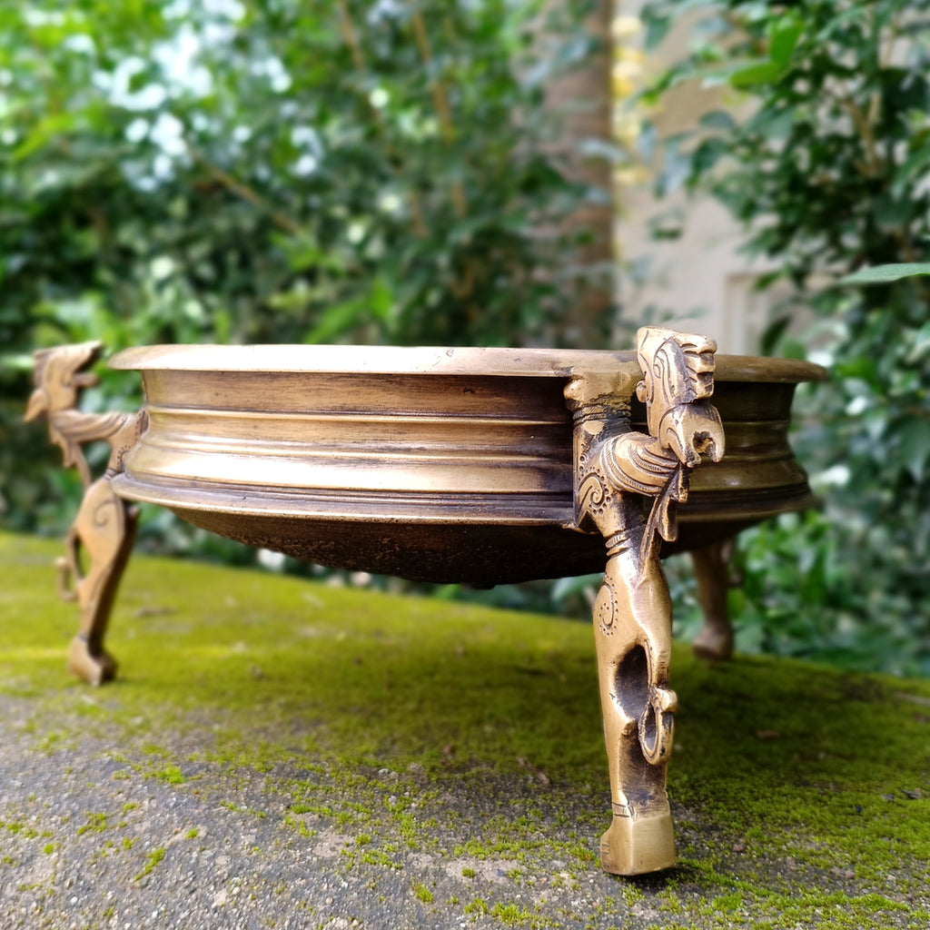 Traditional Brass Urli Handcrafted With 3 Mythical Yali Legs. Diameter 28 cm x Height 15 cm