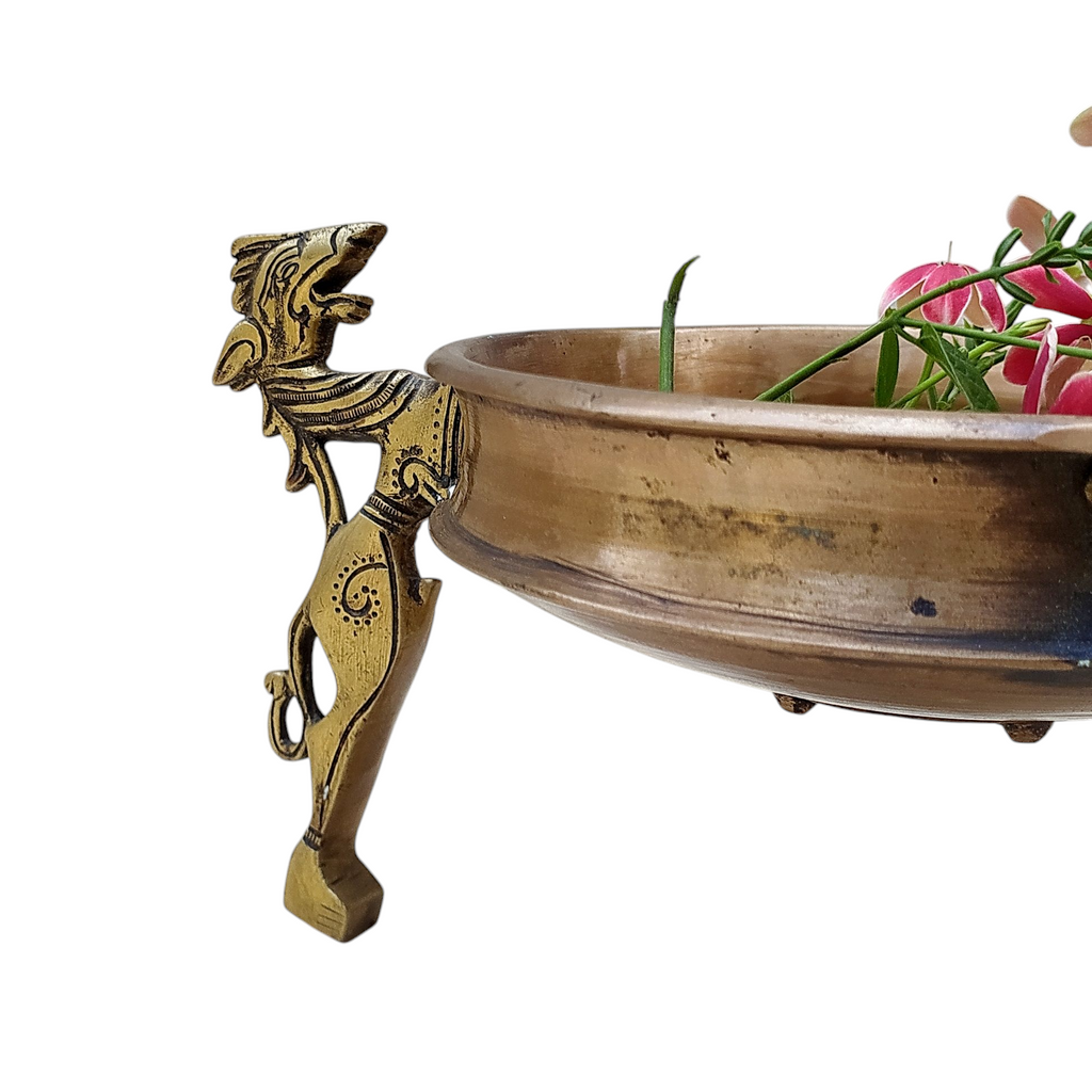 Traditional Brass Urli Handcrafted With 3 Mythical Yali Legs. Diameter 20 cm x Height 15 cm
