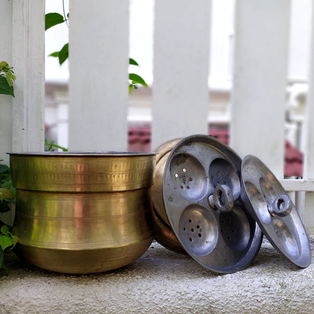 Vintage Idli Steamer | Patra Handcrafted In Brass With 2 Inserts, Height 30 cm x Diameter 25 cm