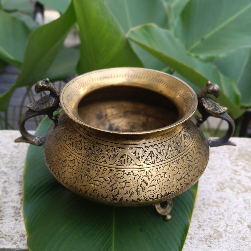 Vintage Brass Planter With Peacock Handles Hand Engraved With Floral Motifs. Height 19 cm x Diameter 18 cm