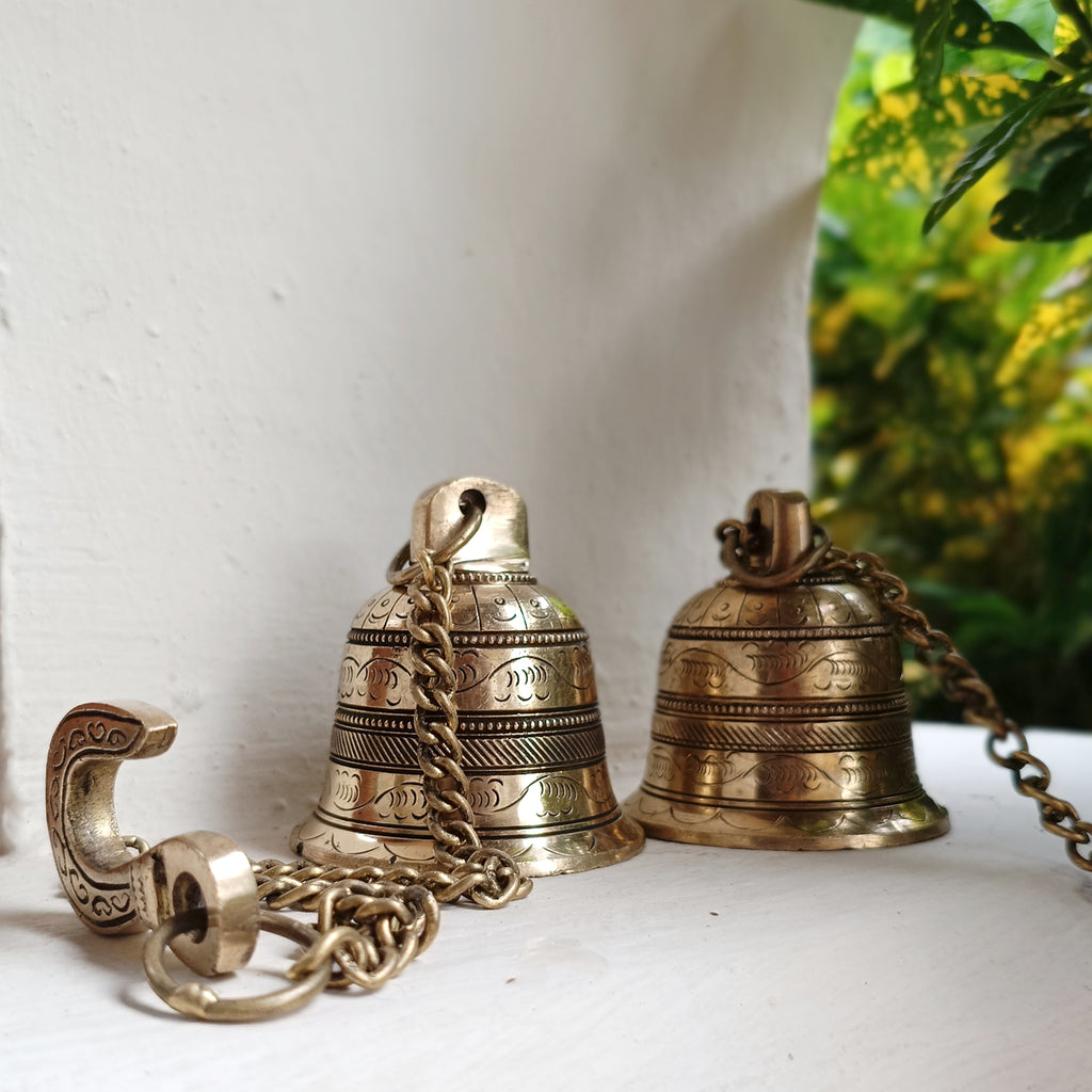 Exquisite Pair Of Brass Temple Bells With Chains. Length 45 cm x Dia 7 cm