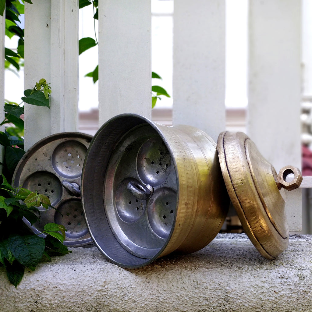 Vintage Idli Steamer | Patra Handcrafted In Brass With 2 Inserts, Height 30 cm x Diameter 25 cm