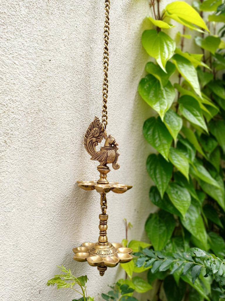 Vintage Two Tiered Brass Lamp of The Mythical Hamsa With 16 Diyas. Length 70 cm