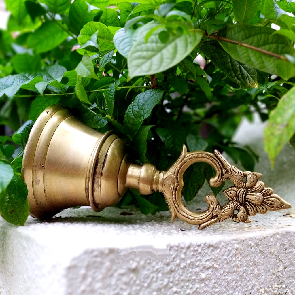 Magnificent Brass Temple Bell With Twin Peacocks. Height 22 cm x Diameter 11 cm