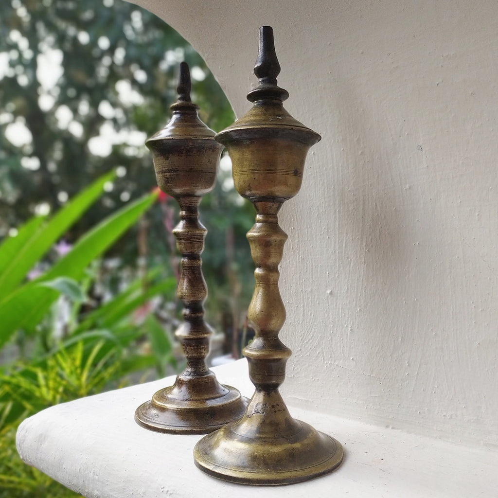 Vintage Pair Of Brass Oil & Wick Lamps. Height 24 cm x Diameter 9 cm