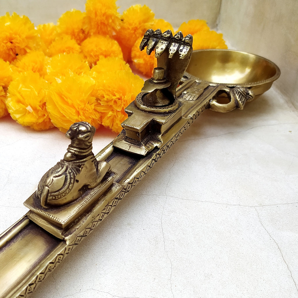Majestic Brass Ritual Spoon or Uddharani with Nandi and Shiva Linga - L 59 cm x Ht 10 cm