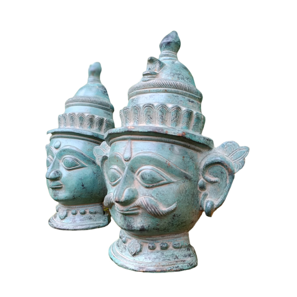 Brass Mukhlingam of Hindu Gods Shiva & Parvati In Green Patina. Height 23 cm x Width 18.5 cm