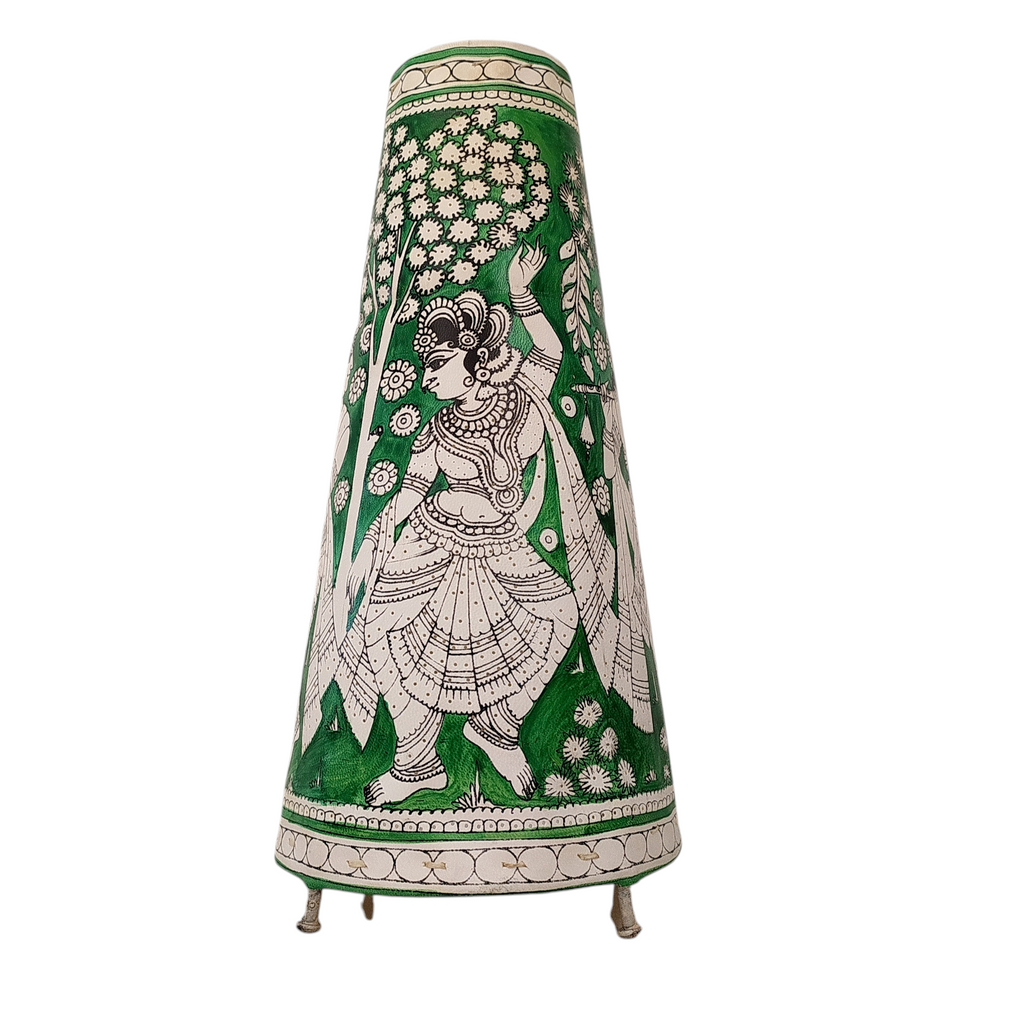 Kalamkari Style Leather Lampshade Depicting Radha Krishna In Colours of Vibrant Green & White. Height 44 cm