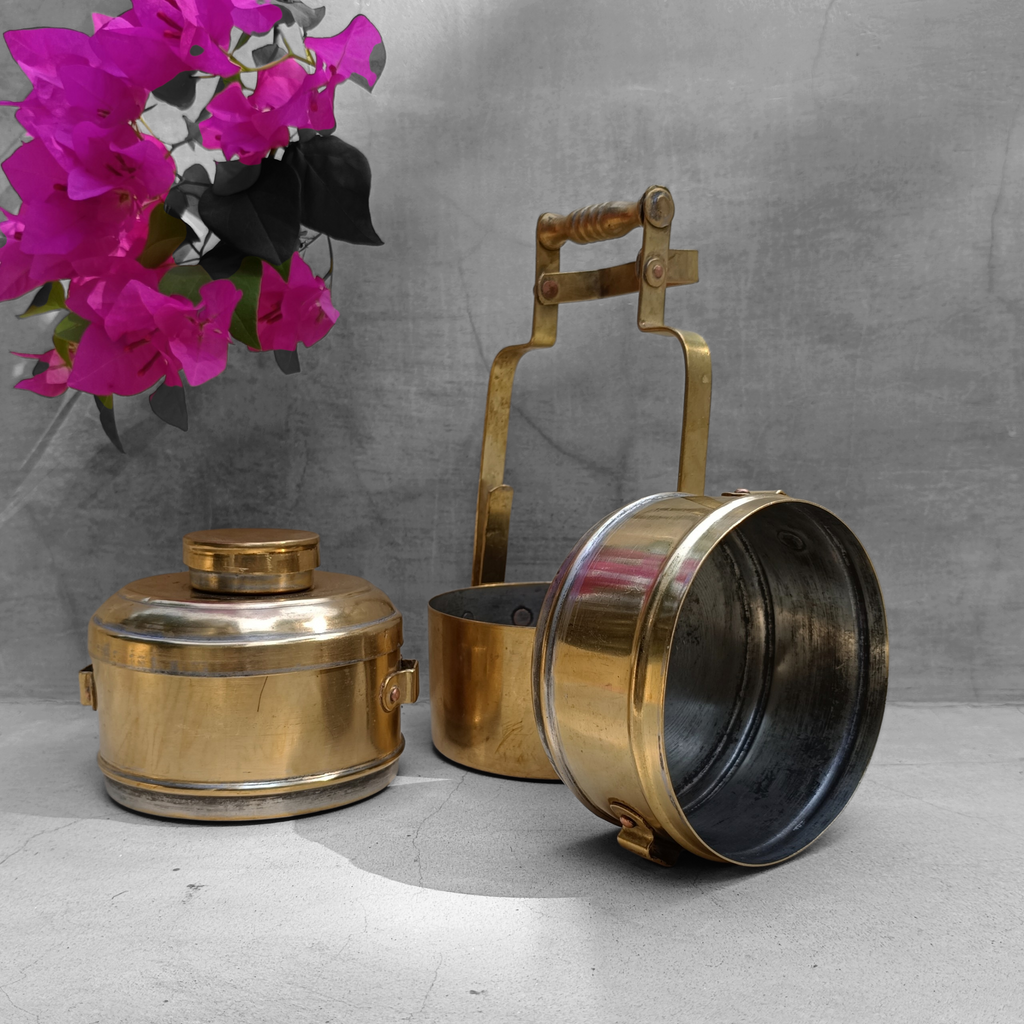 Vintage Brass Tiffin With 3 Containers. Height 26 cm x Diameter 11 cm
