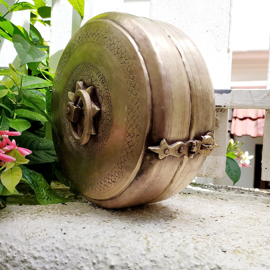 Traditional Brass Chappati Dabba | Bread Box From Northern India - Dia 22 cm x Ht 10 cms