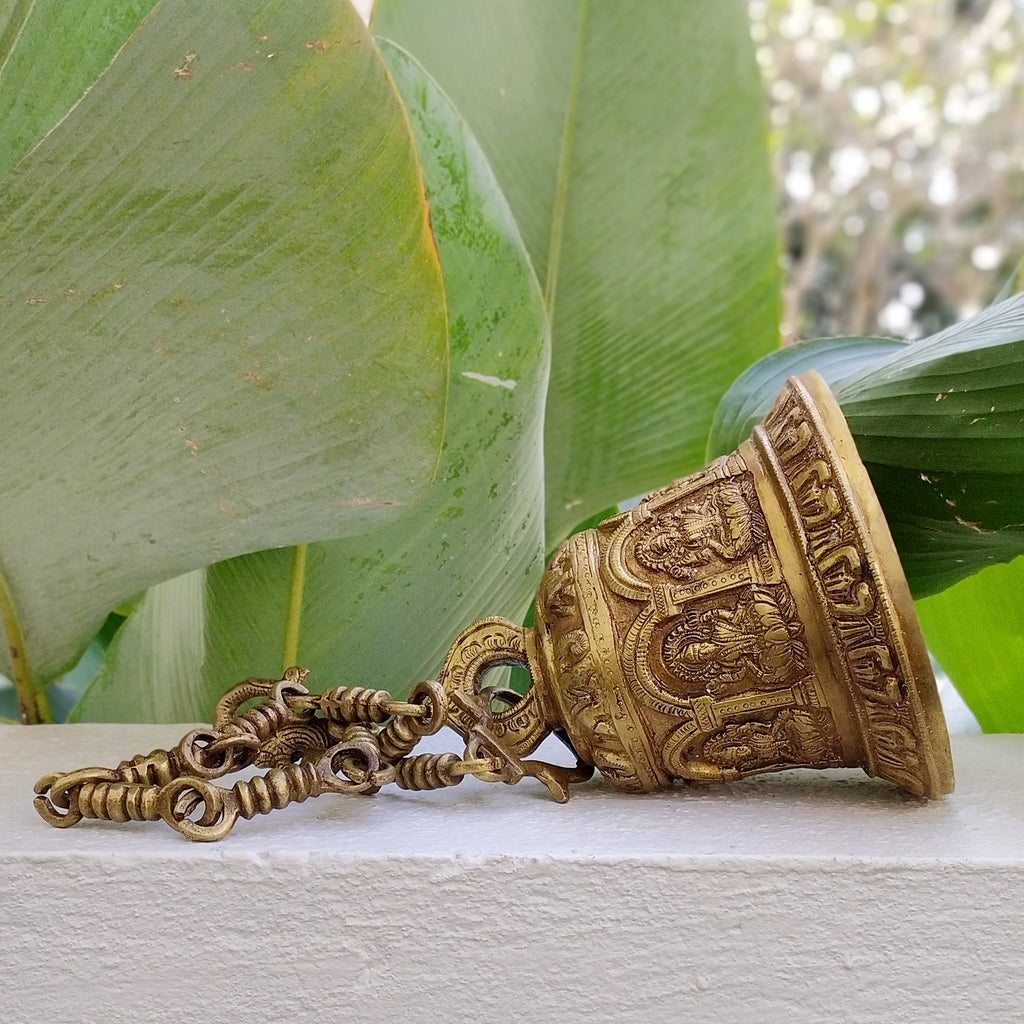 Magnificent Brass Temple Bell On Chain With 8 Avatars Of Goddess Lakshmi. Length 78 cm x Diameter 16 cm