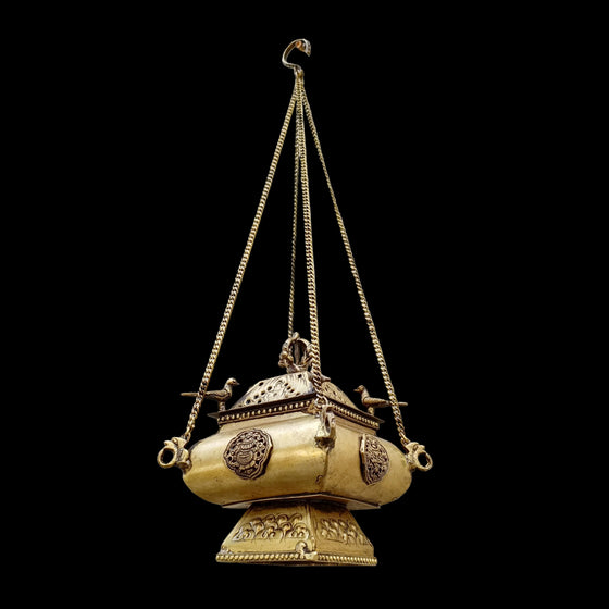 Tibetan Style Copper Incense Burner With Peacocks and Chains - L 42 cm x W 15 cm