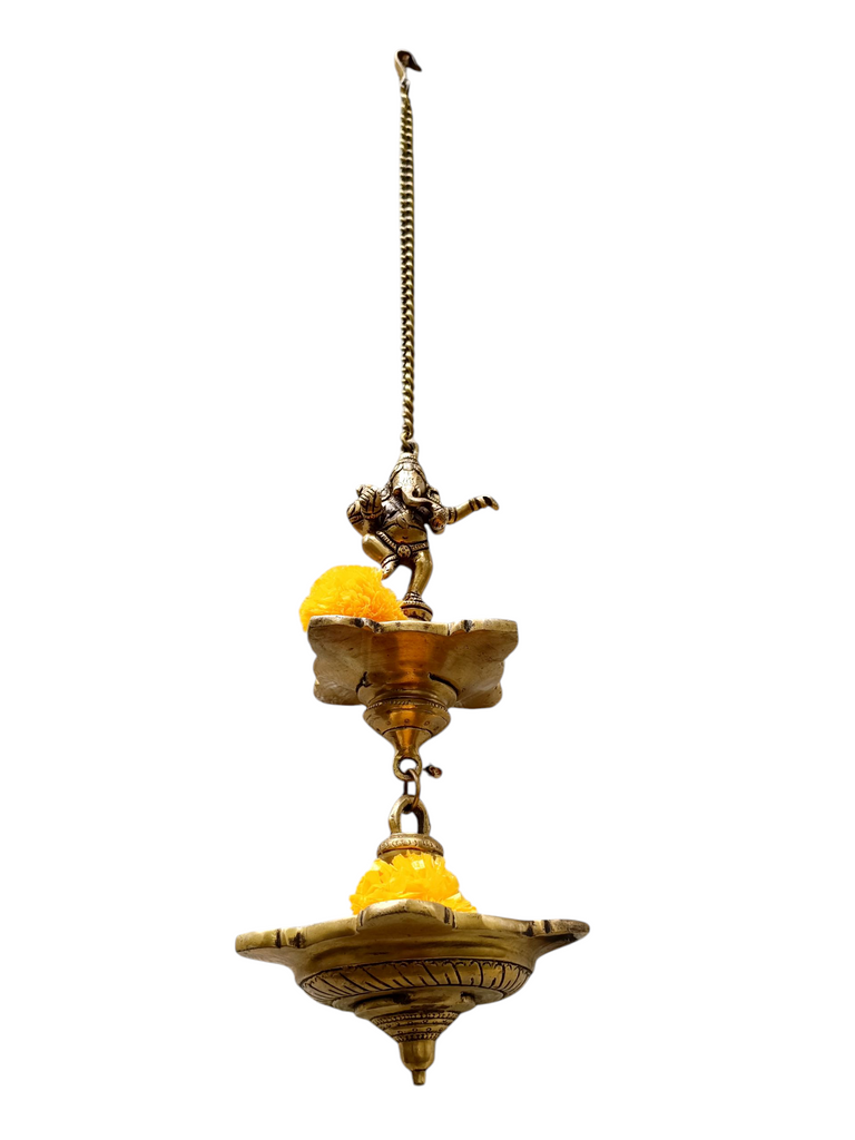 Vintage Brass 2 Tier Ganesh Lamp With 9 Diyas- Length 77 cm
