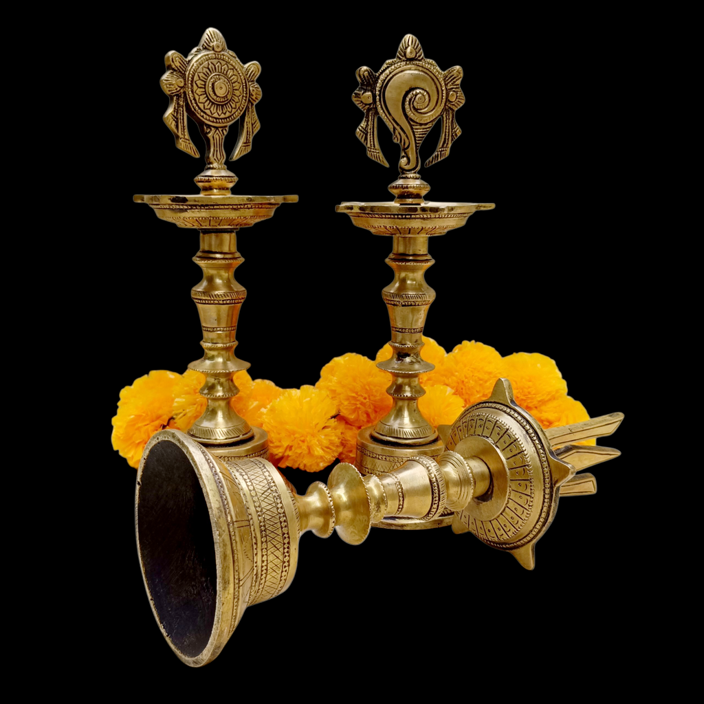 Divine Brass Samay Oil lamps With The Shanku, Chakra & Namam Symbols Of Lord Vishnu. Height 30 cm