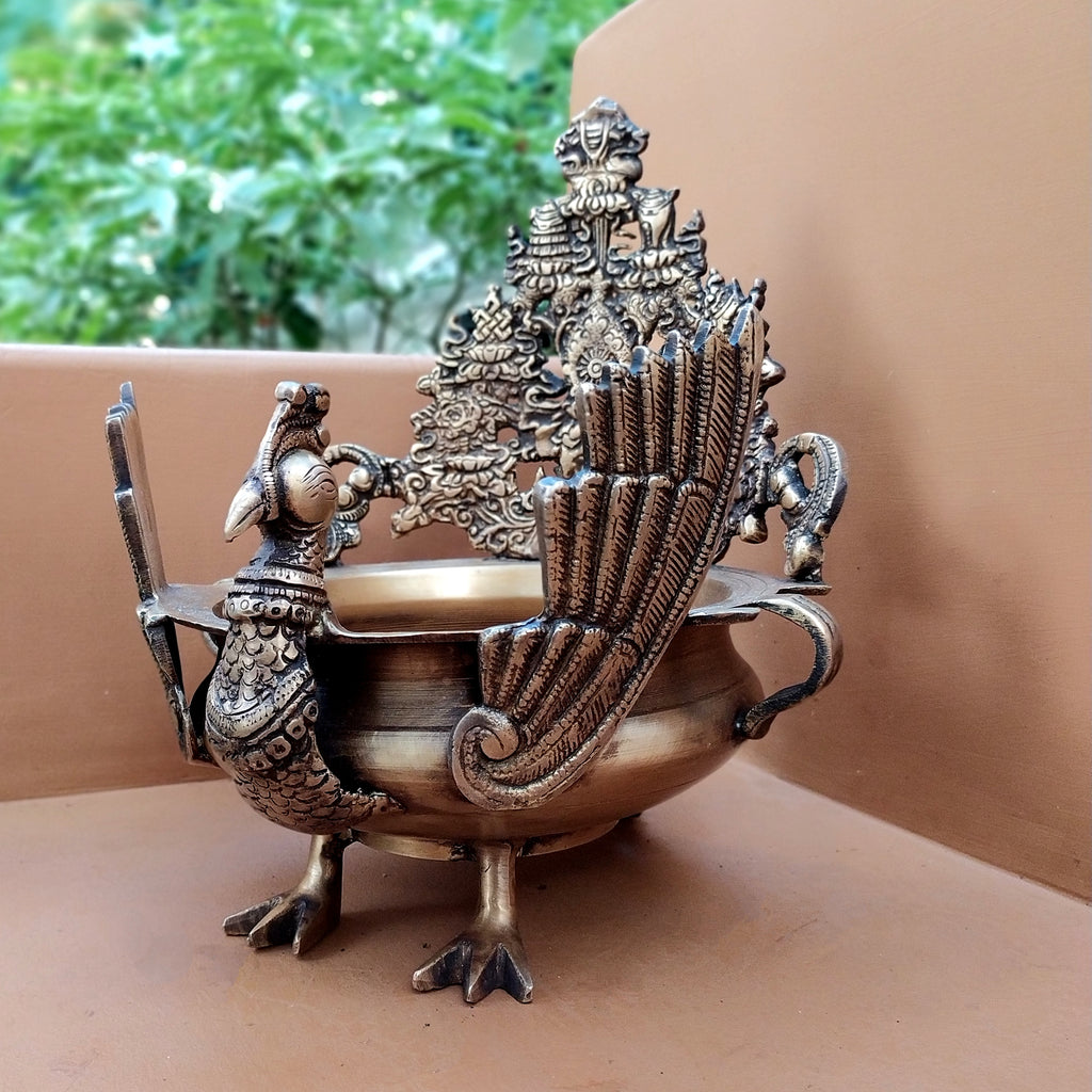 Majestic Brass Peacock Urli For Floating Flowers & Diyas - Height 29 cm x Length 23 cm x Diameter 20 cm