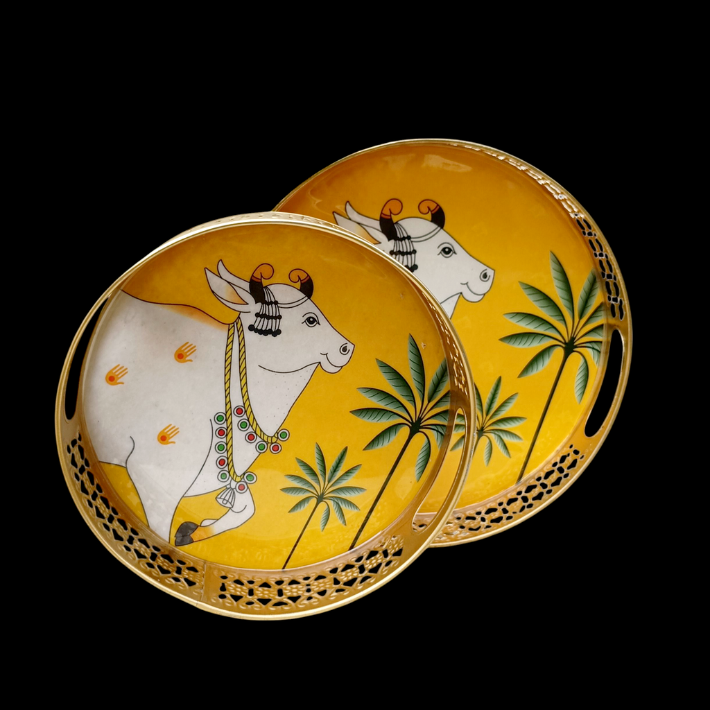 Pair Of Exquisite Round Metal Trays With Pichwai Art Of Nandi. Diameter 25 & 20 cm