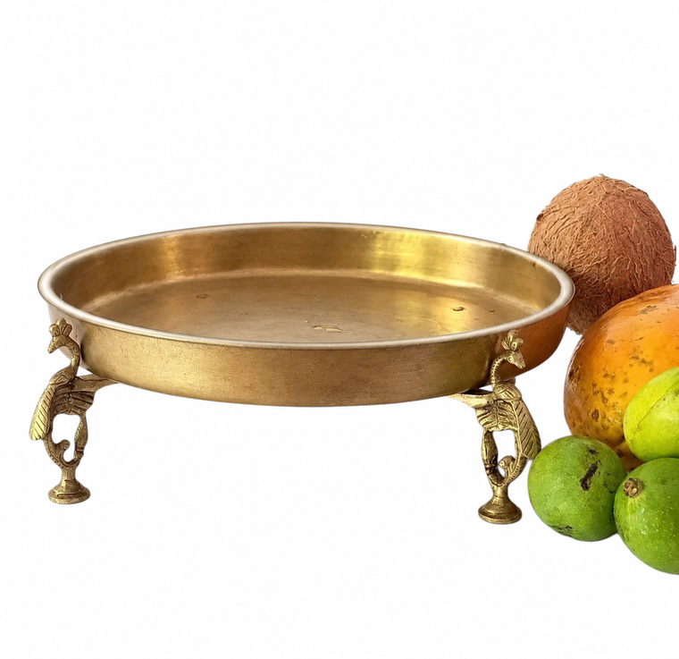 Brass Thaali Crafted With 4 Peacock shaped Legs - Diameter 28 cm x Height 9 cm