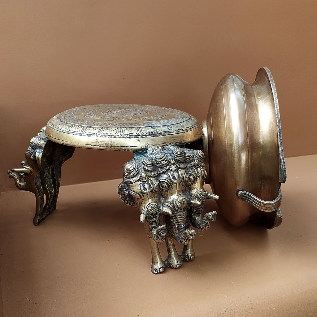 Brass Chowki With Elephant Legs & Brass Urli - Chowki Diameter 23 cm | Urli 25 cm