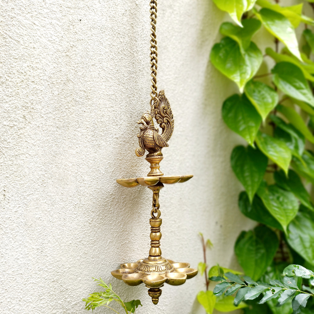 Vintage Two Tiered Brass Lamp of The Mythical Hamsa With 16 Diyas. Length 70 cm