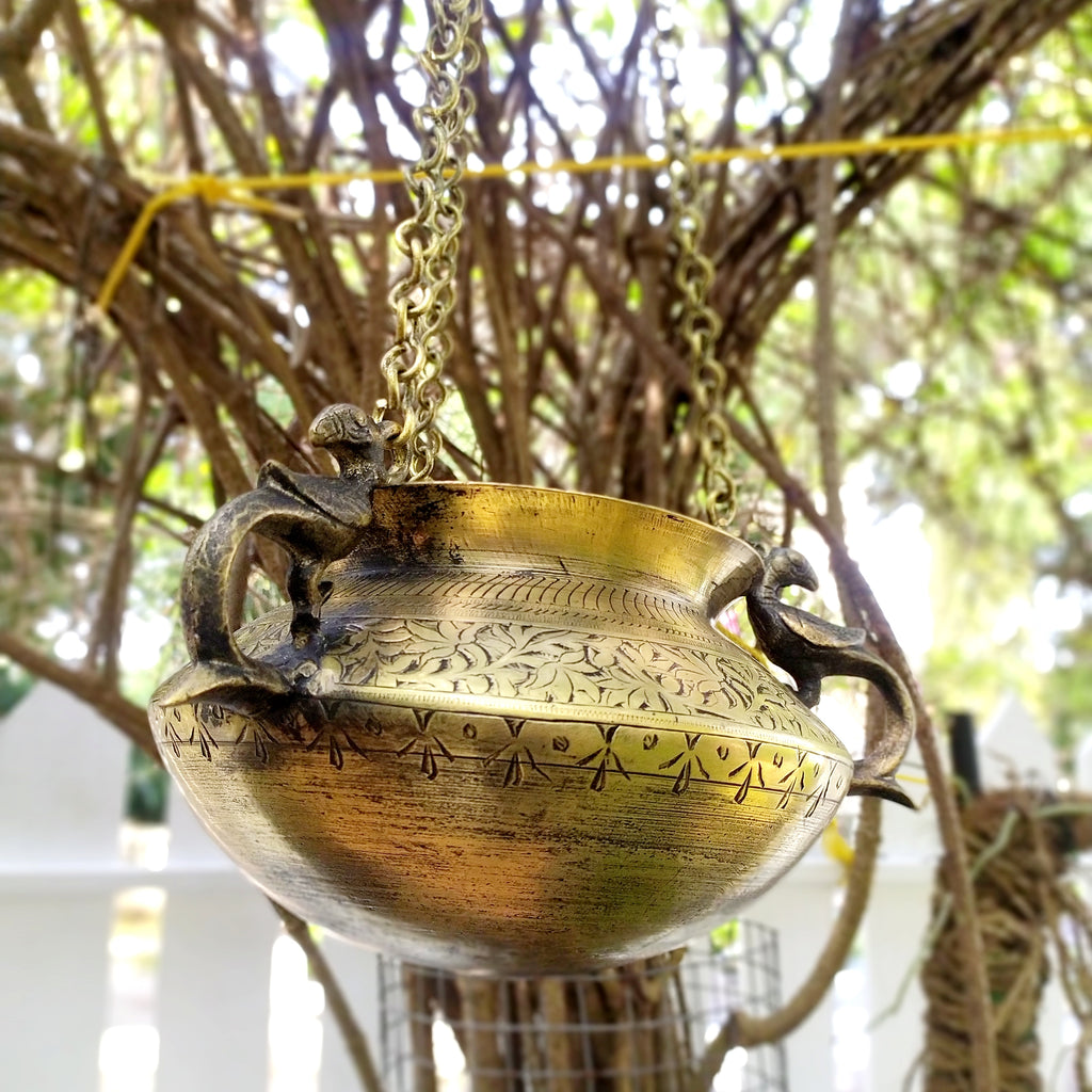 Vintage Hanging Brass Planter With 3 Peacock Handles. Length With Chain 88 cm x Diameter 17 cm