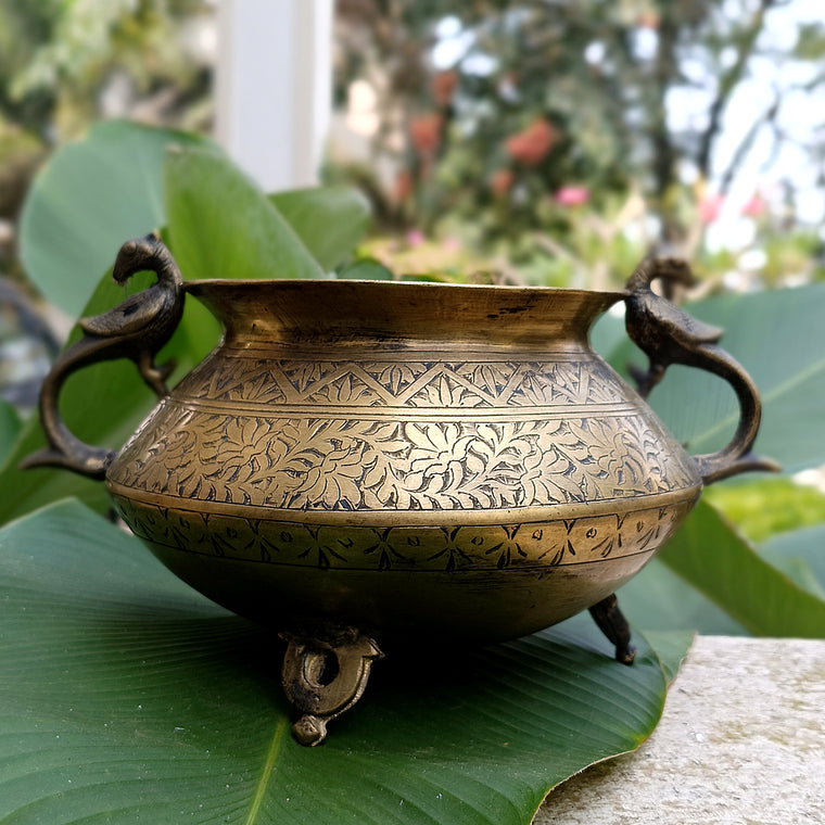 Vintage Brass Planter With Peacock Handles Hand Engraved With Floral Motifs. Height 19 cm x Diameter 18 cm