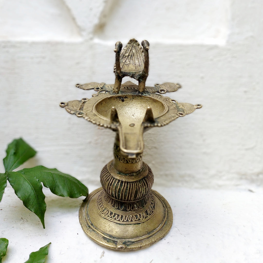 Vintage Odhisa Tribal Dhokra Brass Oil Lamp With Peacocks. L 14.5 cm x Ht 17 cm x Width 12.5 cm