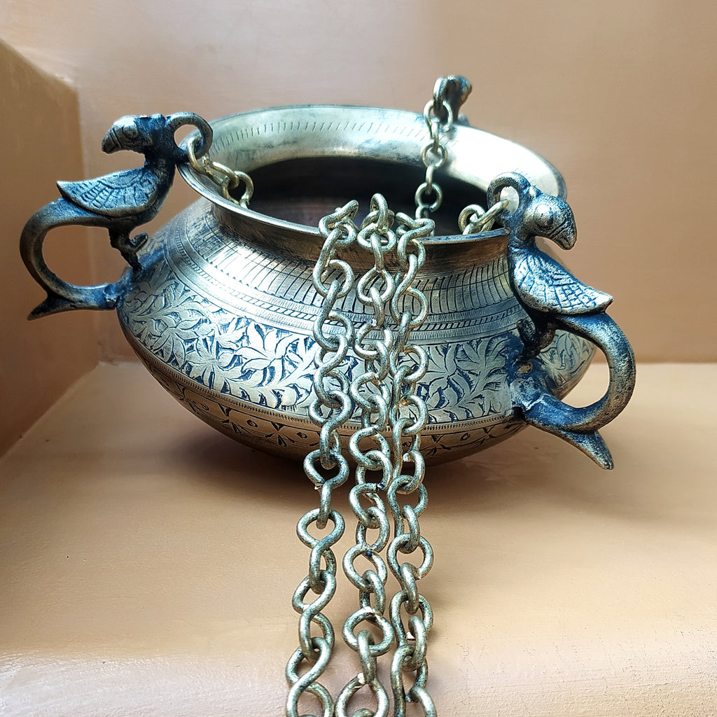 Vintage Hanging Brass Planter With 3 Peacock Handles. Length With Chain 88 cm x Diameter 17 cm