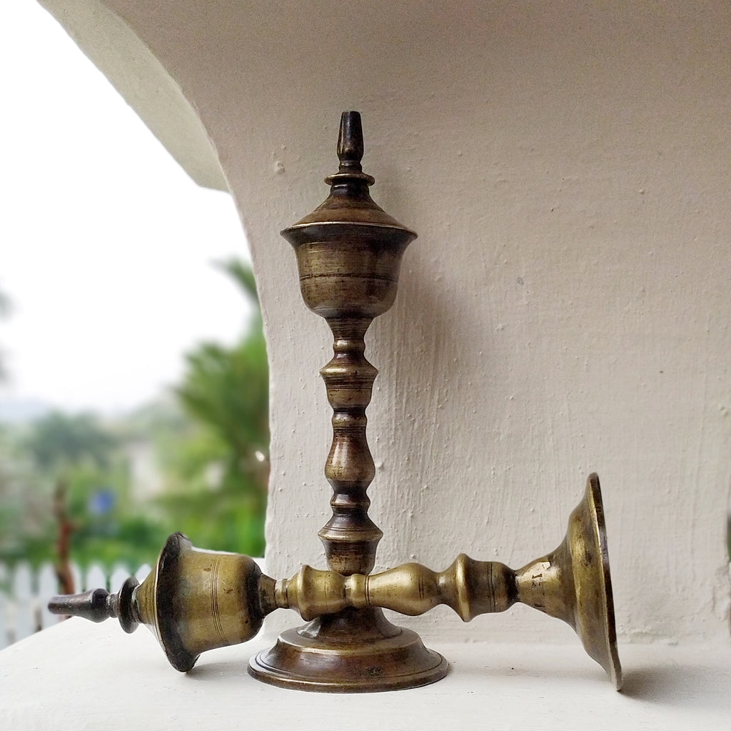 Vintage Pair Of Brass Oil & Wick Lamps. Height 24 cm x Diameter 9 cm