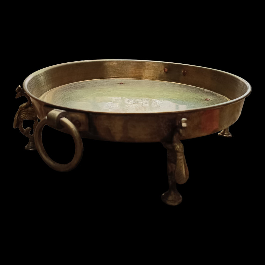 Brass Thaali Crafted With 4 Peacock shaped Legs - Diameter 28 cm x Height 9 cm