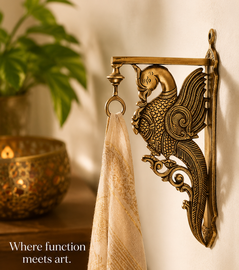 Ornate Hand Crafted Parrot Design Brass Wall Hook - Height 31 cm x W 15 cm