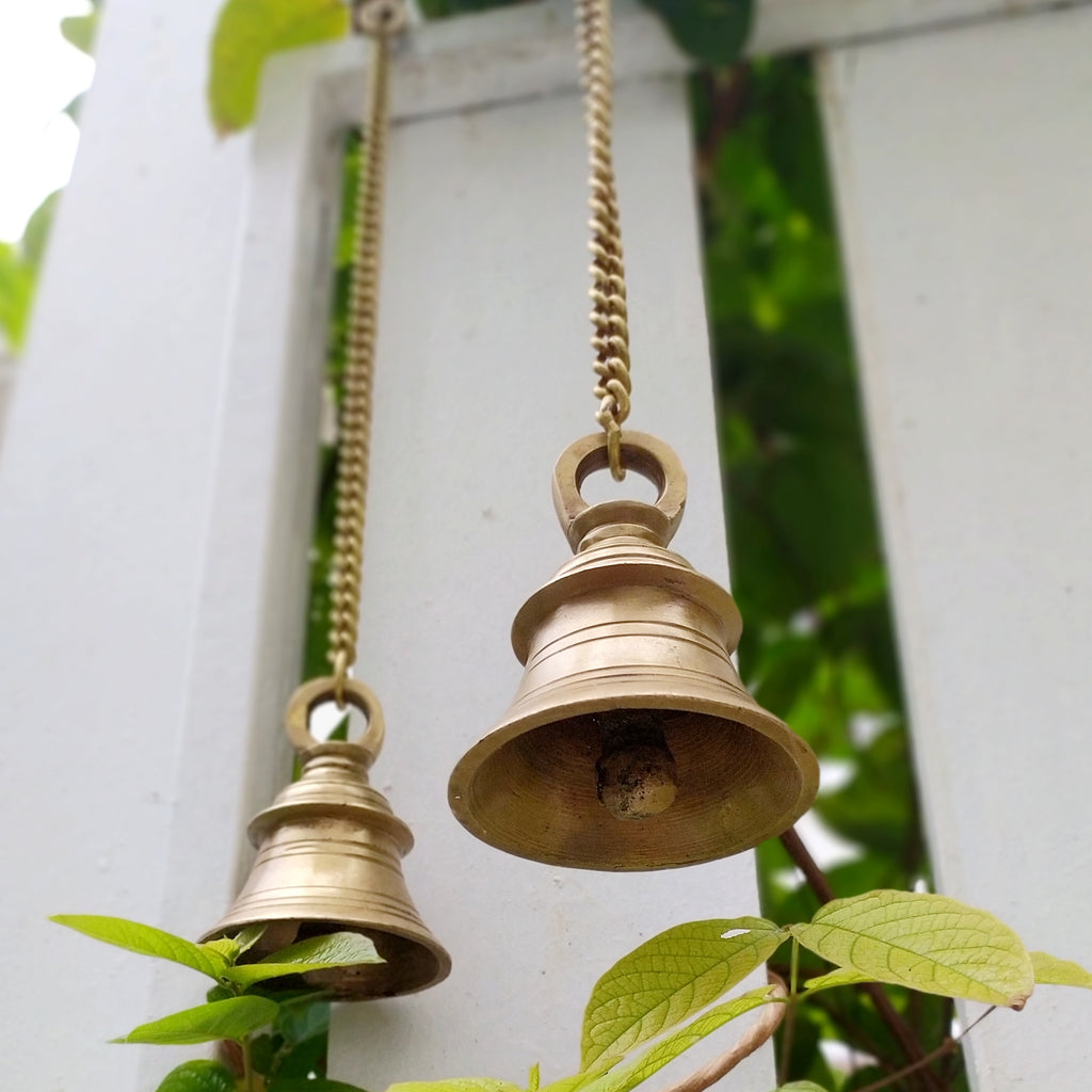 Pair of Brass Temple Bells With Chains. Length 45 cm x Dia 7 cm
