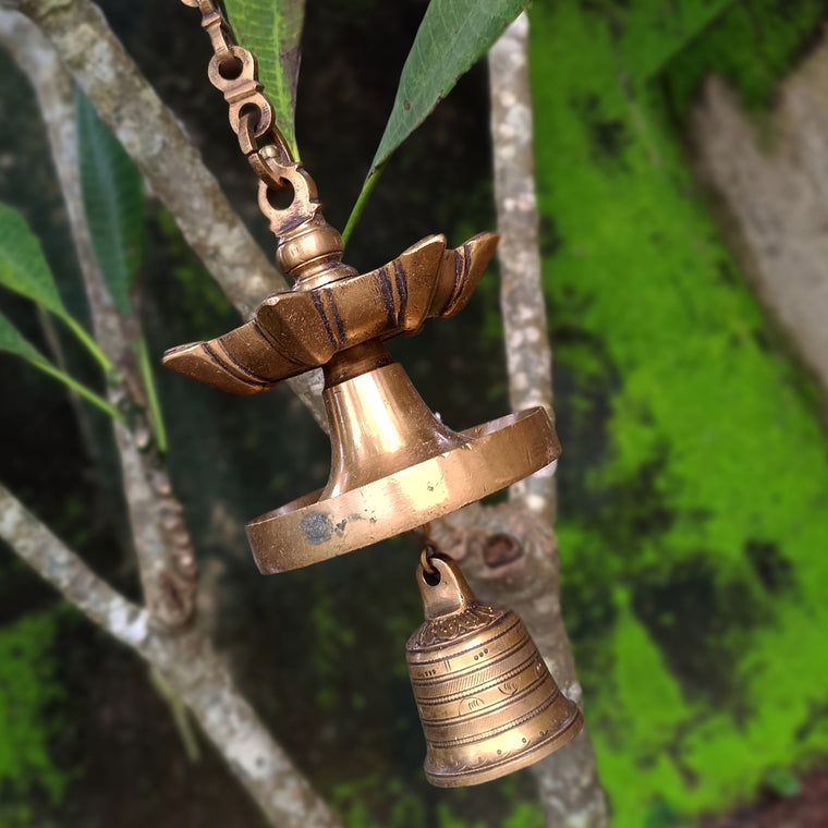 Vintage Brass Lamp With Bell - "Thooku Vilakku" From South India. Length 78 cm x Diameter 13 cm