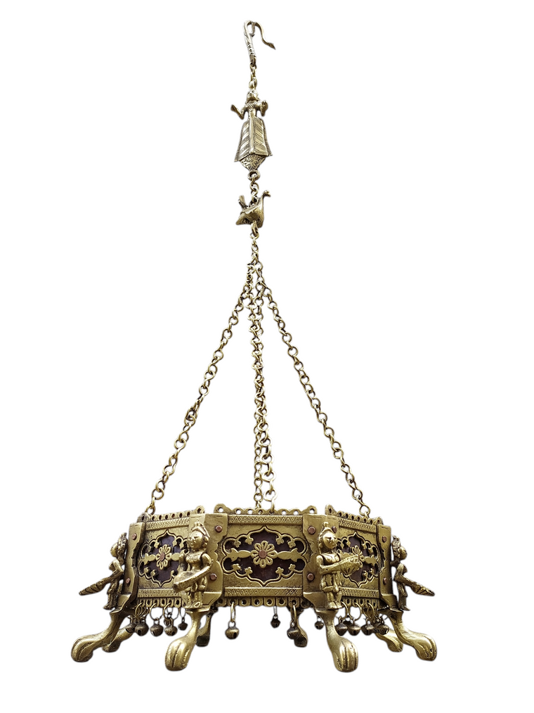 Vintage Octagonal Hanging Brass Planter With Worshippers Holding Oil Lamps.- Length 85 cm x Diameter 24 cm