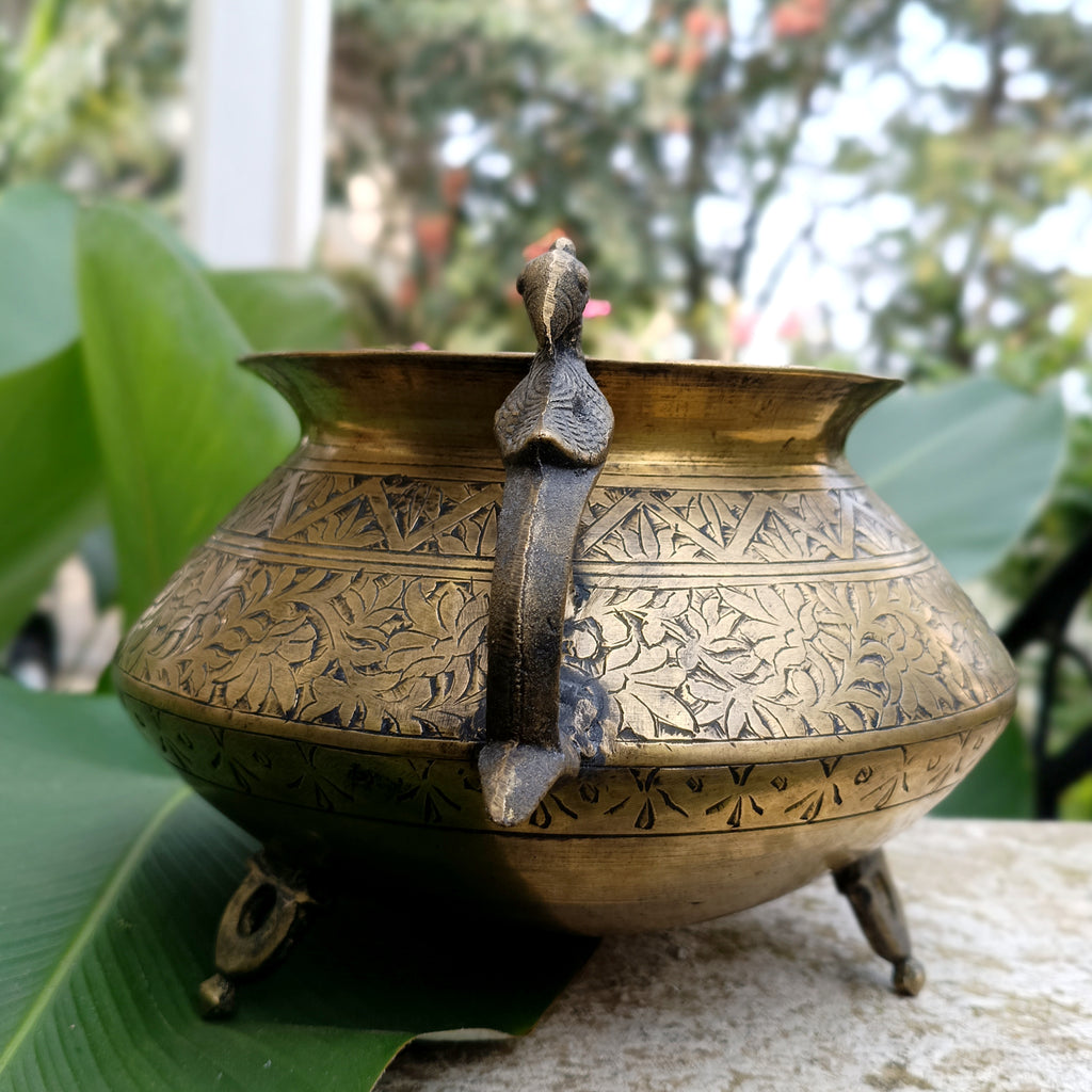 Vintage Brass Planter With Peacock Handles Hand Engraved With Floral Motifs. Height 19 cm x Diameter 18 cm