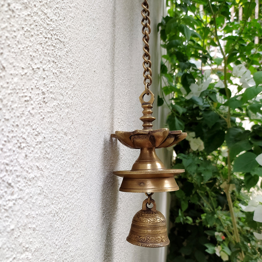 Vintage Brass Hanging Oil Lamp With Bell - "Thooku Vilakku" From South India. Length 91 cm x Diameter 10 cm