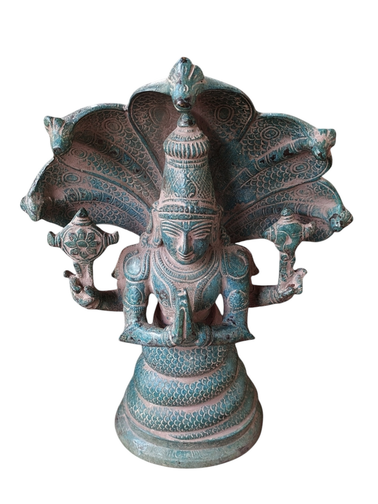 Magnificent Brass Statue of Lord Patanjali with 5 Naags in Green Patina Finish. Height 40 cm