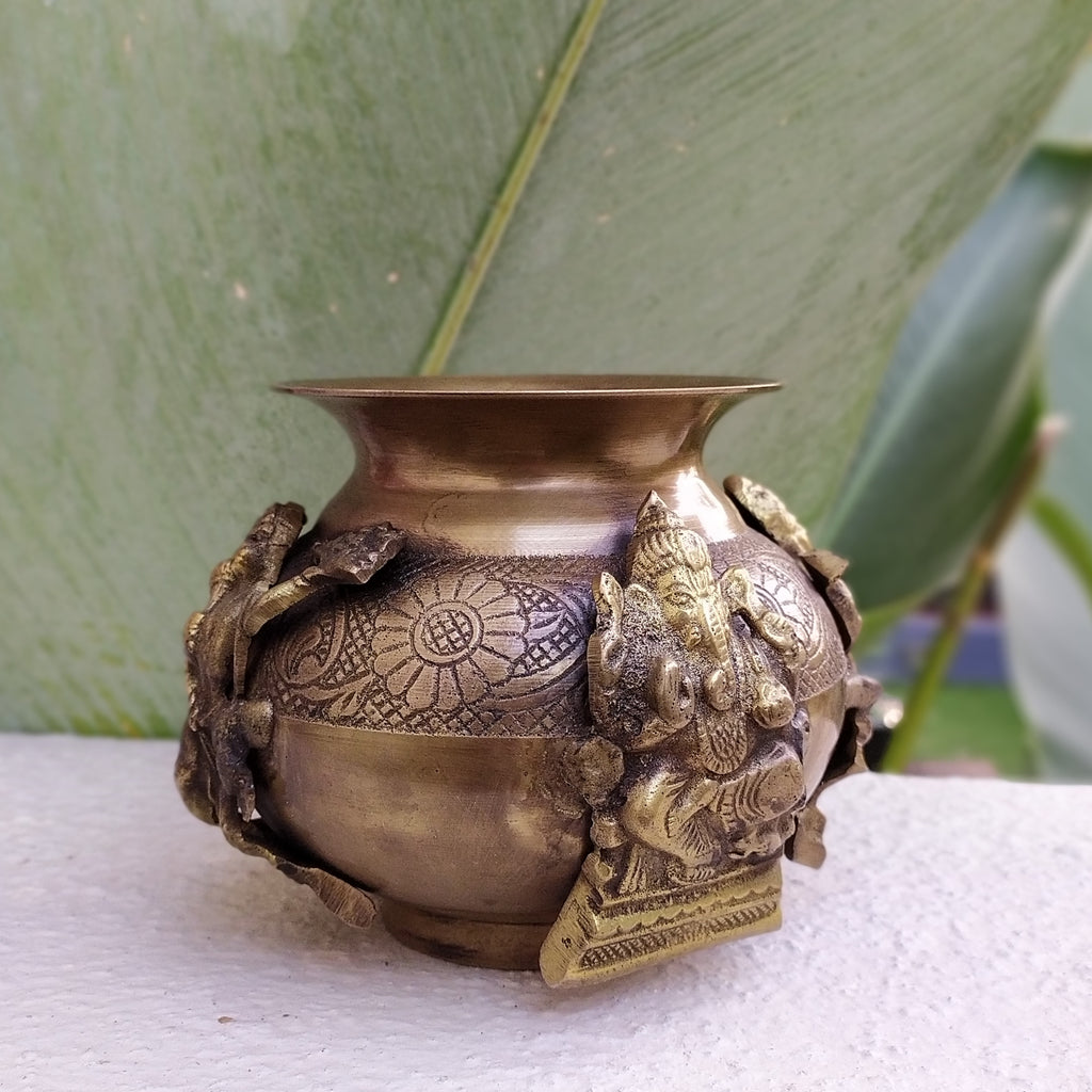 Divine Brass Lota | Vessel Depicting 4 Hindu Gods Ganesha, Hanuman, Lakshmi & Saraswati. H 13 cm x Dia 11 cm