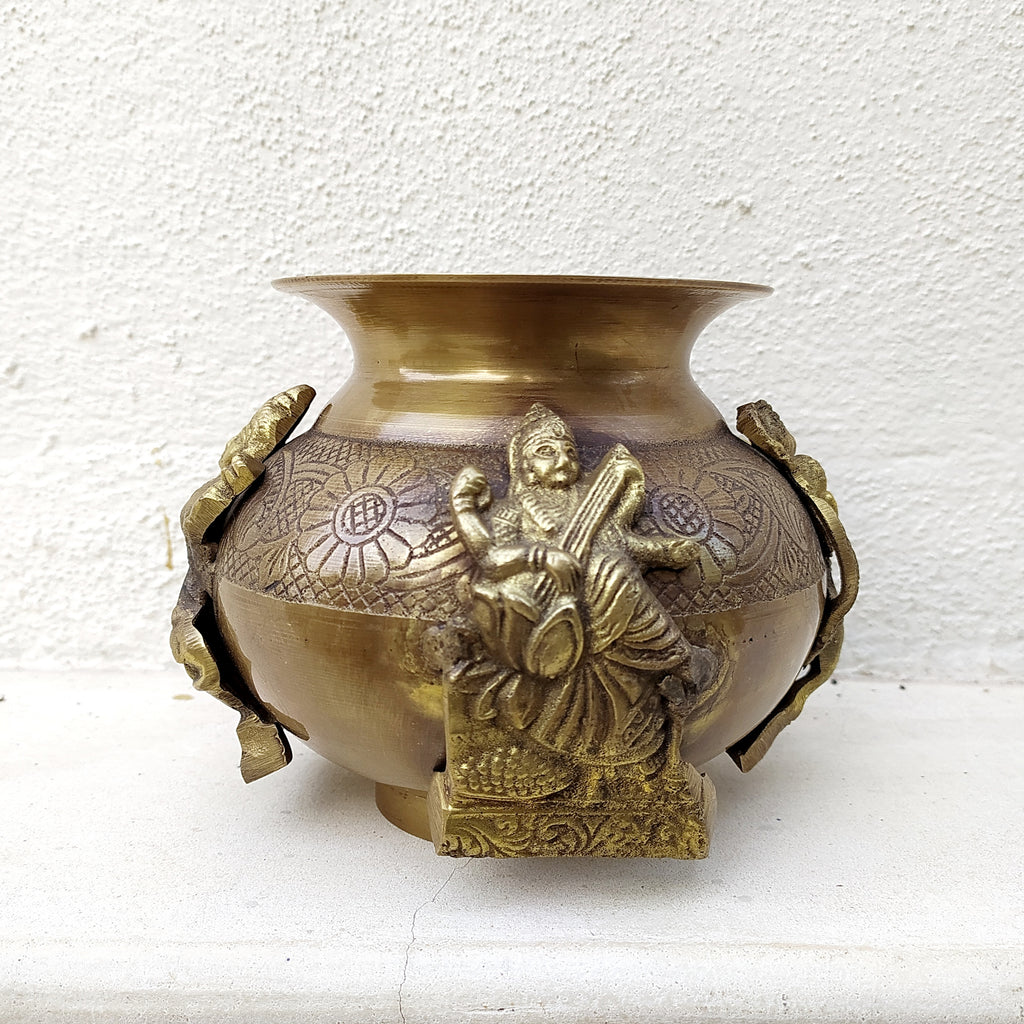 Divine Brass Lota | Vessel Depicting 4 Hindu Gods Ganesha, Hanuman, Lakshmi & Saraswati. H 13 cm x Dia 11 cm