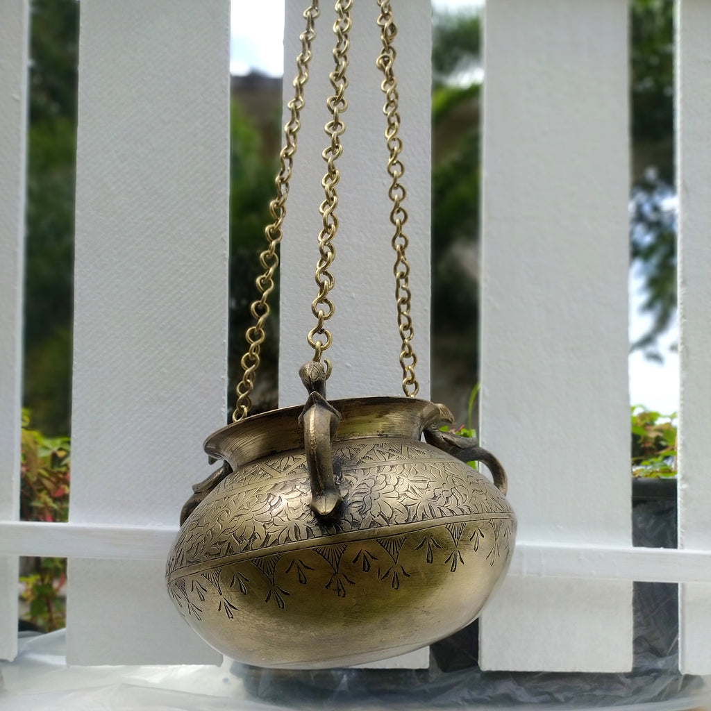 Vintage Hanging Brass Planter With 3 Peacock Handles. Length With Chain 89 cm x Diameter 16 cm